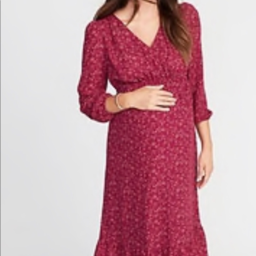 Fuchsia wrap front maternity dress